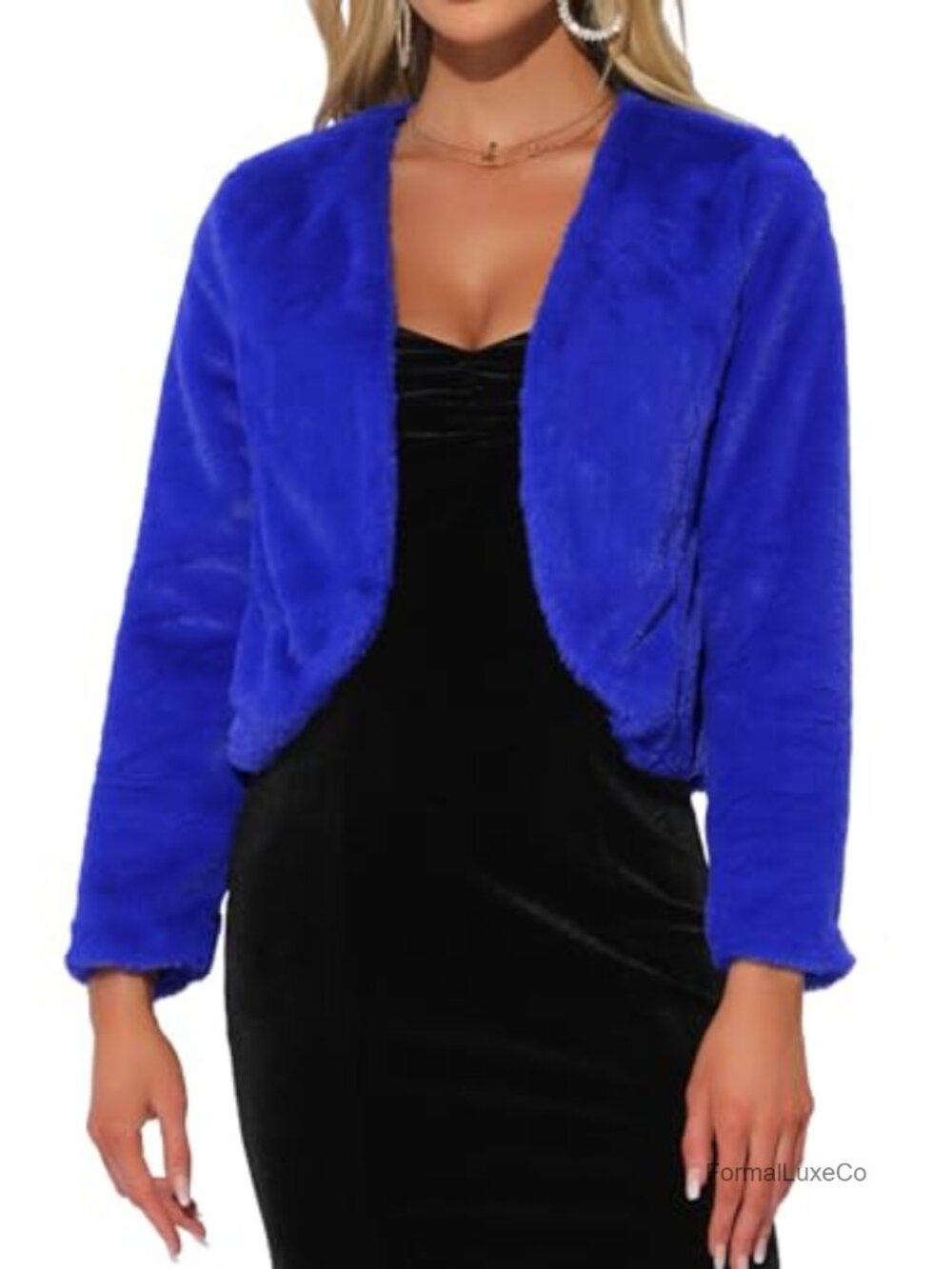 Womens Cropped Faux Fur Wedding Bolero Jacket Long Sleeve Coat